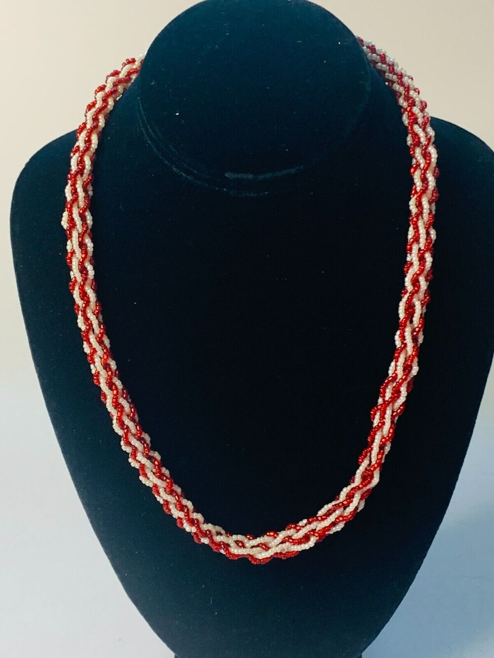 Red & White Braided Seed Bead Necklace with Metal Clasp, 20" Length